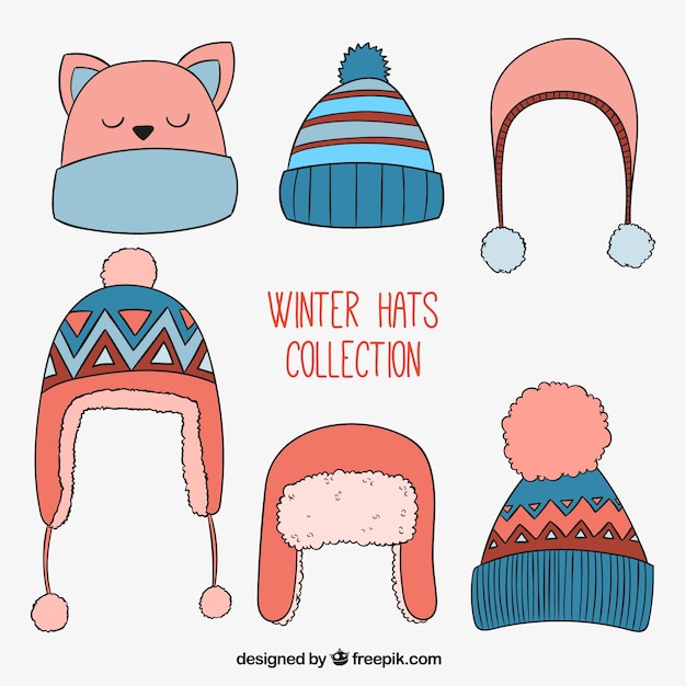 Download Cute winter hats collection in hand drawn style Vector ...