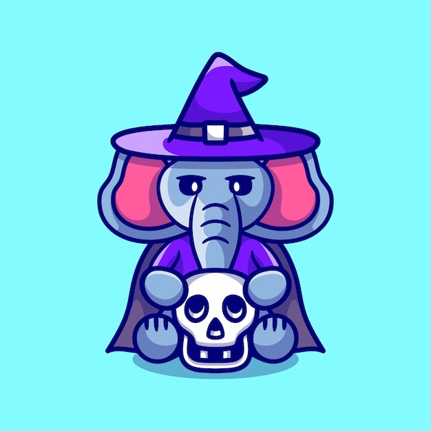 Premium Vector | Cute witch elephant holding skull