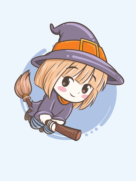 Premium Vector Cute Witch Is Flying Using A Magic Broomstick