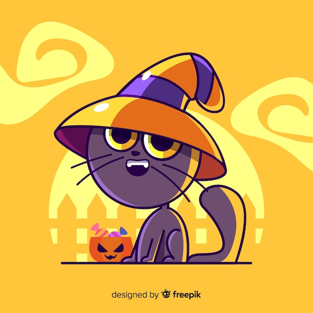 Free Vector Cute Witchy Cat On Yellow Background