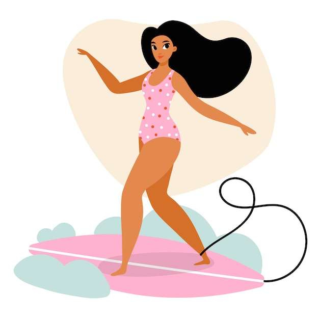 プレミアムベクター かわいい女性がサーフィンします サーフボードに乗ってサーフガール 夏休み フラットスタイルの夏サーフィンイラスト