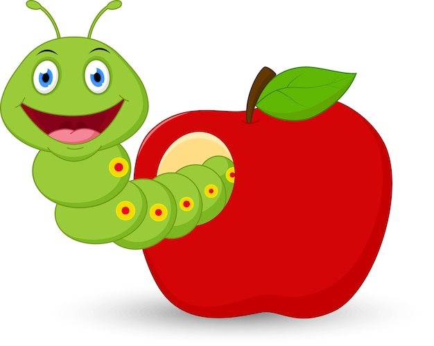 Download Cute worm cartoon in the apple Vector | Premium Download