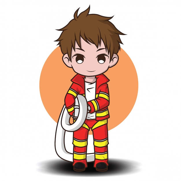 Young Boy Wearing Fire Fighter Cartoon Premium Vector | Premium Vector