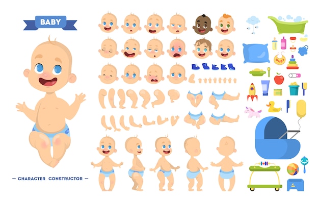Cute young male baby boy character set for animation with various views, hairstyles, emotions, poses