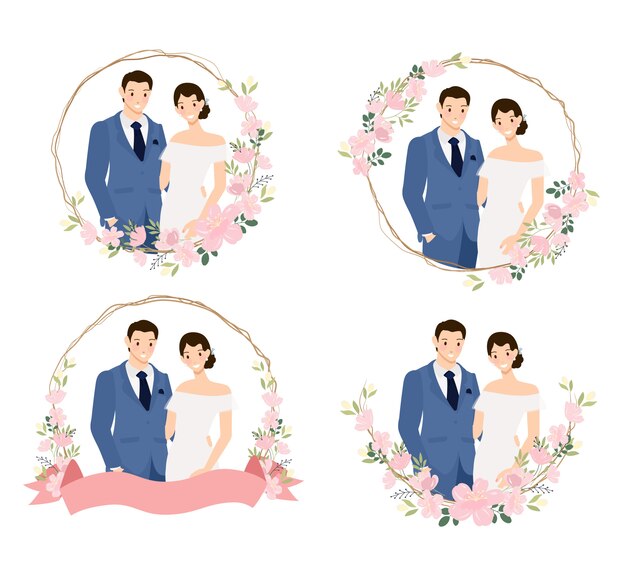 桜の花輪フラットスタイルコレクションvectosイラストで青いスーツのかわいい若い結婚式のカップル プレミアムベクター