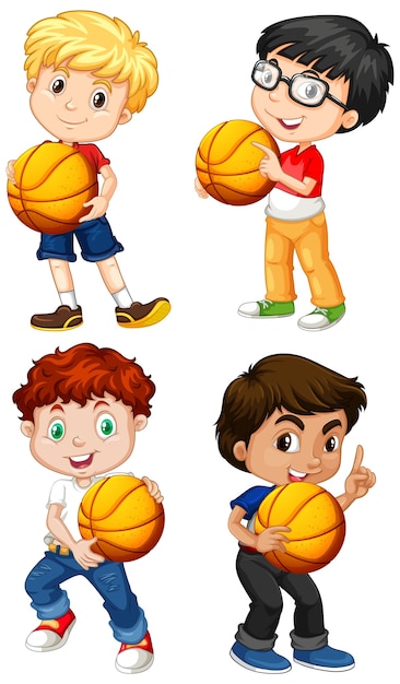 バスケットボールを保持しているかわいい少年漫画のキャラクター 無料のベクター