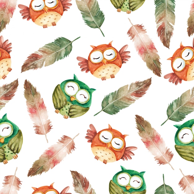 Download Cutest owl character and feathers watercolor seamless ...