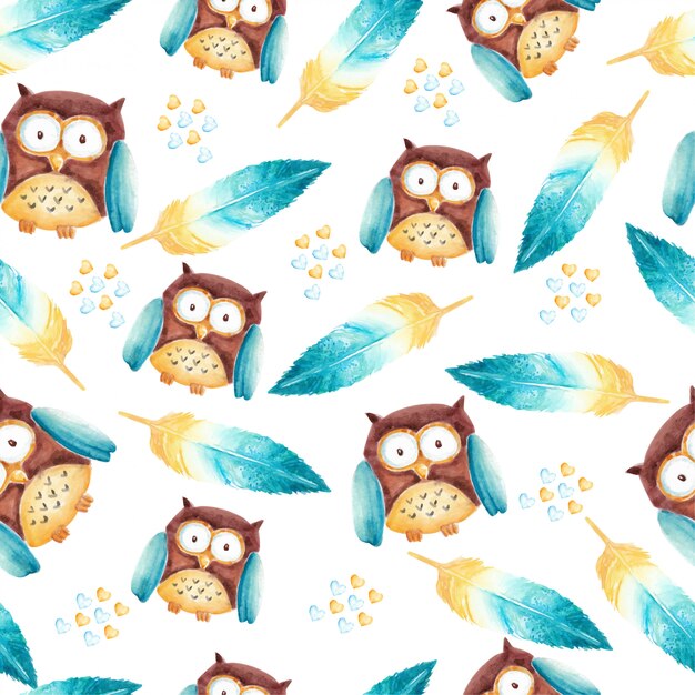 Download Premium Vector | Cutest owl and feathers watercolor seamless pattern