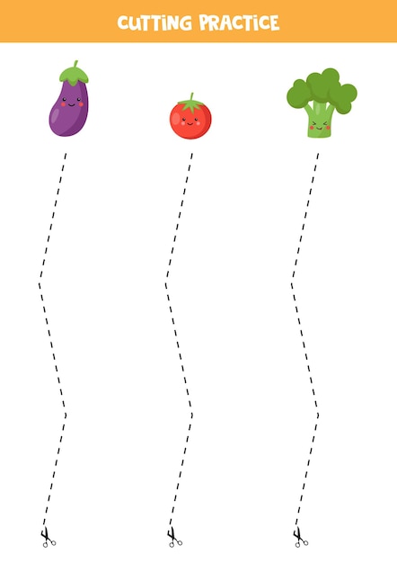 Premium Vector | Cutting practice for preschool kids. cut by dashed line.  cute vegetables.