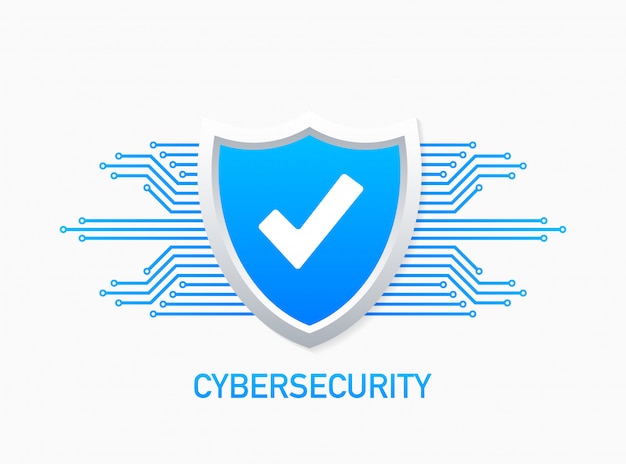 シールドとチェックマークが付いたサイバーセキュリティのロゴ セキュリティシールドのコンセプト インターネットセキュリティ プレミアムベクター