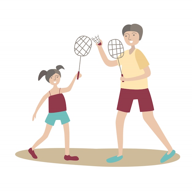 Папа и дочь играют в бадминтон. семейный спорт и физическая активность с  детьми, совместный активный отдых. иллюстрация в стиле, на белом. | Премиум  векторы