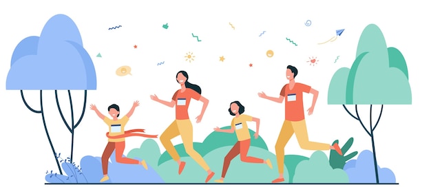 お父さん お母さんと子供たちが公園で一緒に走っている孤立したフラットベクトルイラスト 幸せな漫画の男 女 子供たちがマラソンをジョギングしています 家族と健康的なライフスタイルの概念 無料のベクター