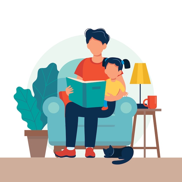 子供のために読んでいるお父さん 家族は本で椅子に座っています プレミアムベクター