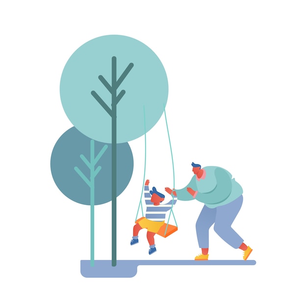 Premium Vector | Dad and son walking in yard, father swinging child on swing in park or playground.
