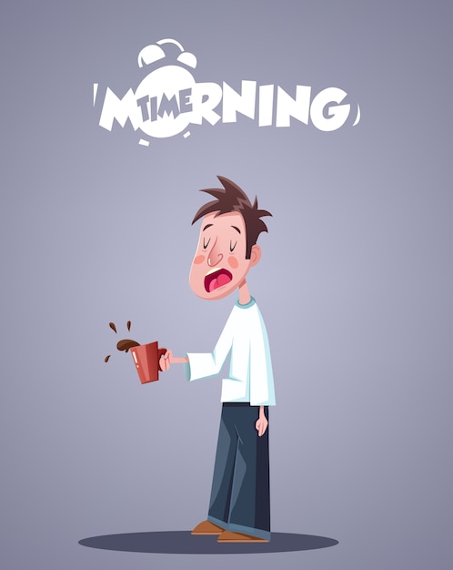 毎日の朝の生活 一杯のコーヒーとあくび眠い男 ベクトルイラスト プレミアムベクター