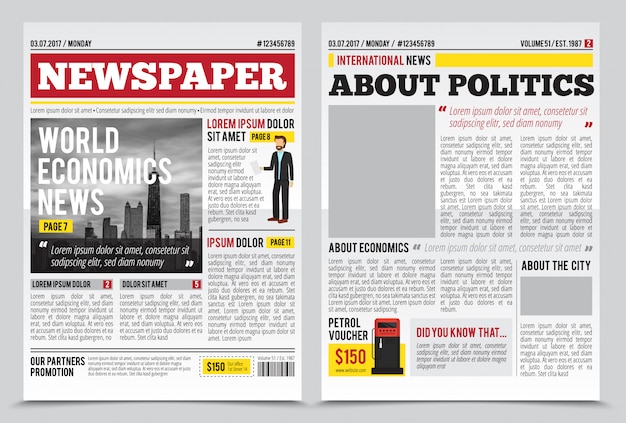 Free Vector Daily Newspaper Journal Design Template With Two Page Opening Editable Headlines Quotes Text Articles And Images Vector Illustration