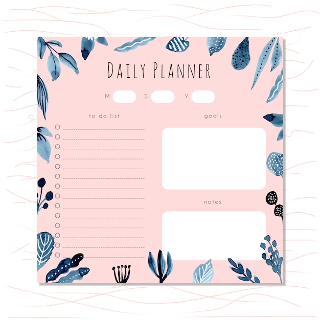 Premium Vector | Daily planner with blue foliage watercolor frame