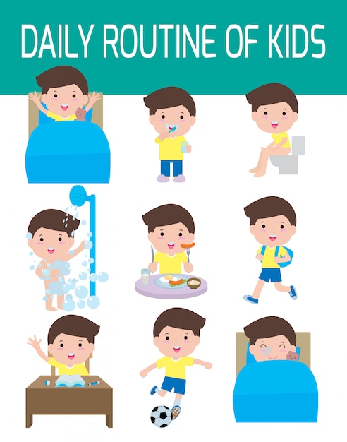 幸せな子供たちの日常 インフォグラフィック要素 健康と衛生 子供の日常生活 イラスト プレミアムベクター