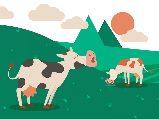 Premium Vector | Dairy farm and a herd of cows on a beautiful summer  landscape. cow eating grass. illustration.