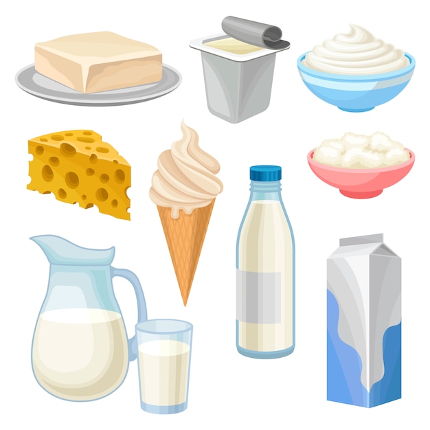 乳製品セット バター ヨーグルト サワークリームとカッテージチーズのボウル アイスクリーム 水差し 牛乳とチーズのイラストの白い背景のイラスト プレミアムベクター