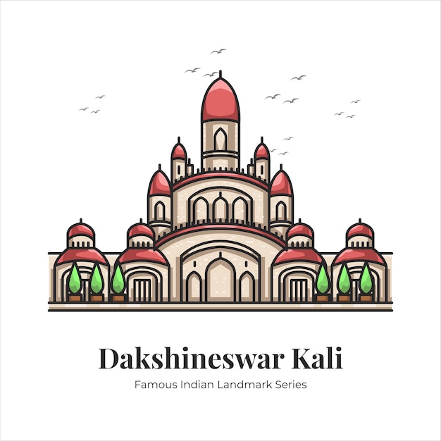 Dakshineswar Kali 인도 유명한 상징적인 랜드마크 만화 라인 아트 그림 | 프리미엄 벡터