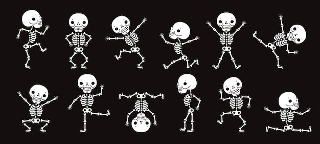 骸骨の踊り かわいいハロウィーンのスケルトンダンサー 面白いホラーキャラクターベクトル分離セット イラストスケルトンハロウィンパーティー キャラクター 人間の骨 プレミアムベクター