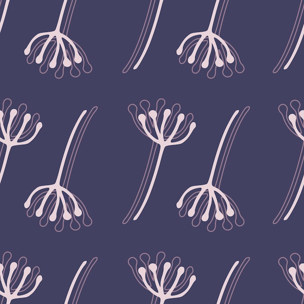 タンポポの花のシームレスな植物パターン 白い輪郭を描かれた花の要素を持つ明るいネイビーブルーの背景 シンプルな背景 Ed 壁紙 テキスタイル 包装紙 布プリント プレミアムベクター