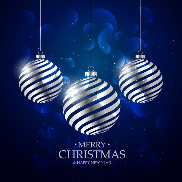 Dark blue background with silver christmas\
balls and bokeh effect