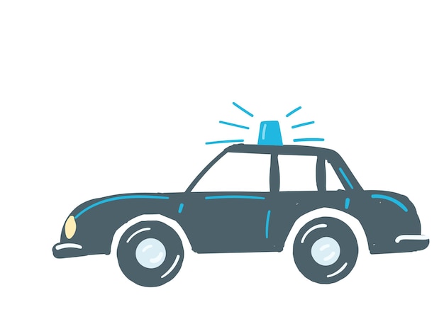 青いサイレン緊急パトカー手描き漫画スタイルのダークブルー乗用車隔離車 プレミアムベクター