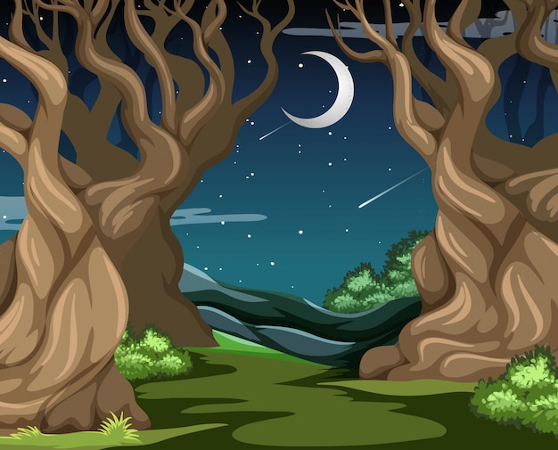 Dark Forest With Some Big Trees In The Night Scene | Free Vector