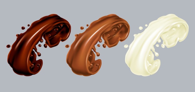 ダーク ミルク ホワイトチョコレートのはねセット ココア漏れクリームのリアルなイラスト ハイパーリアリズム 灰色の背景にドロップを注ぐ プレミアムベクター