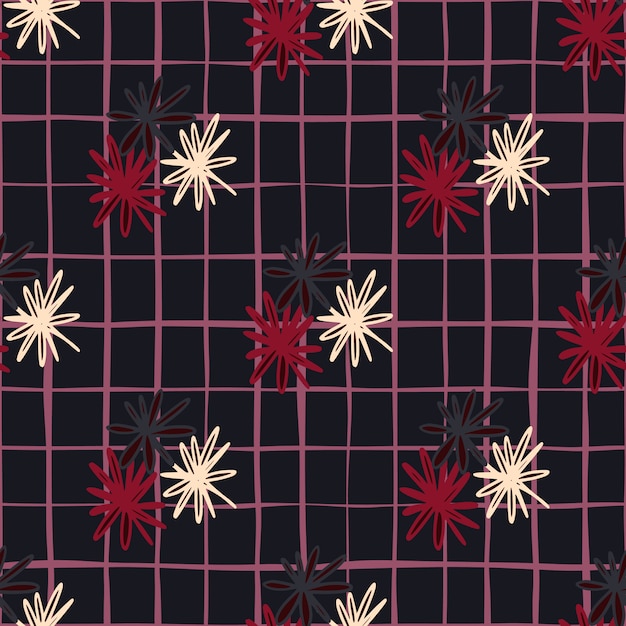 白 赤 黒のデイジーの幾何学的なシルエットと暗いシームレスな落書きのパターン 市松模様の背景を持つ定型化されたシンプルな印刷 プレミアムベクター