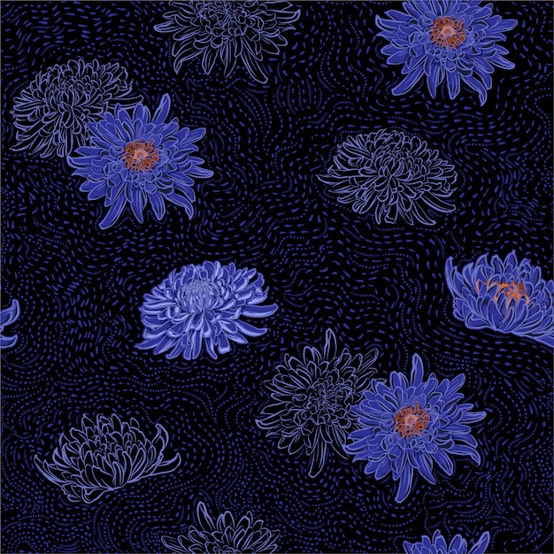 Dark summer night of chrysanthemum oriental blooming flowers with hand drawn brush line seamless pattern Premium Vector