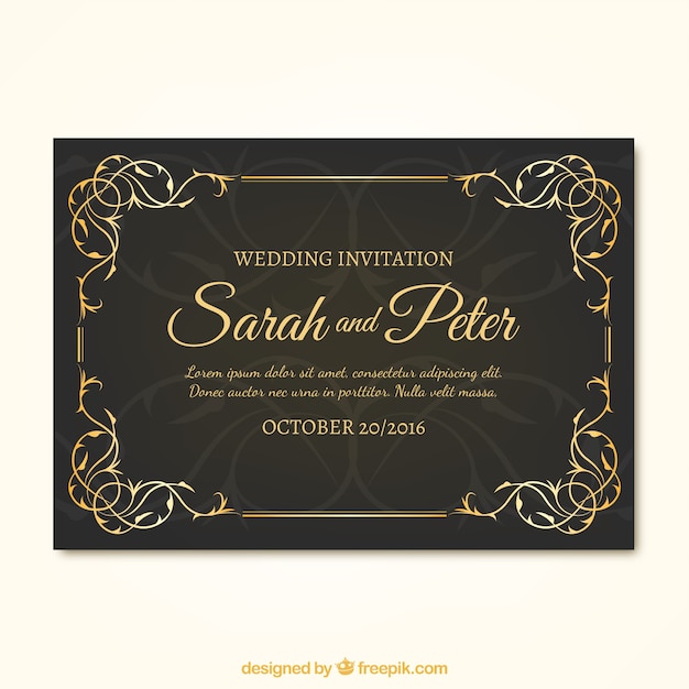 Download Dark wedding invitation with golden details | Free Vector