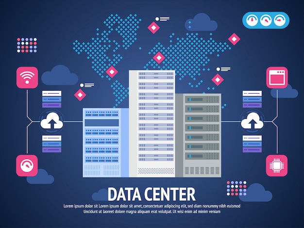 Data center cloud computer connection hosting server database synchronize technology Premium Vector