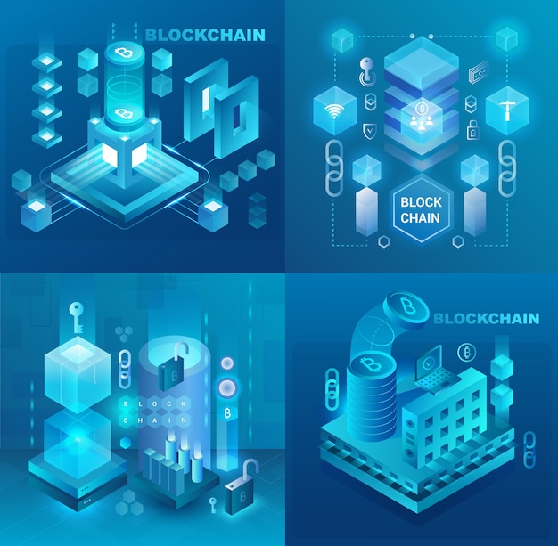 データセンター 暗号通貨 ブロックチェーンテクノロジー市場のアイソメトリックイラストセット プレミアムベクター