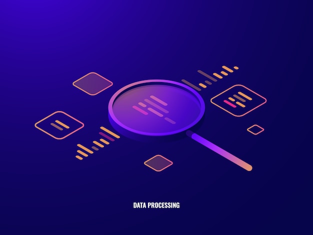 Data processing isometric icon, business analytics and statistics, magnifying glass Free Vector