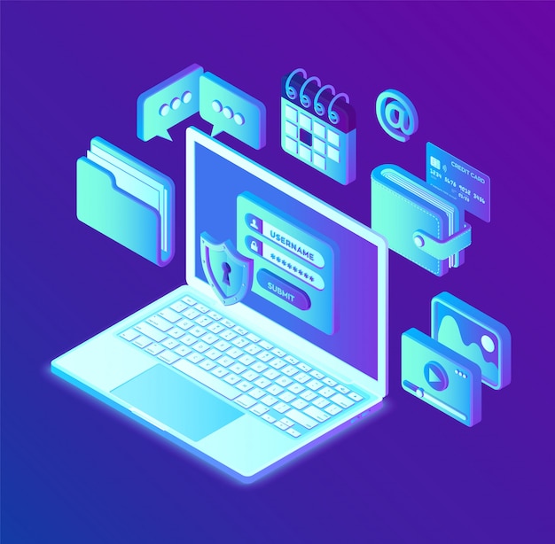 Data protection. open laptop with authorization form on screen, personal data protection. data access, login form on laptop screen. Premium Vector