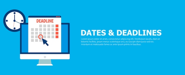 Dates and deadlines banner. computer with calendar, clock and hourglass. Free Vector