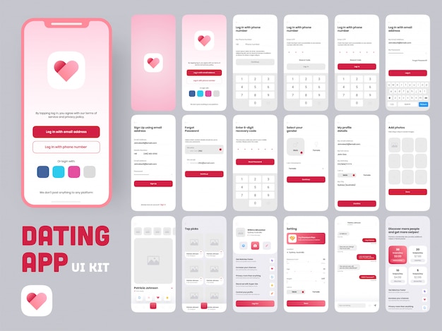 Dating app ui kit for responsive mobile app or website with different