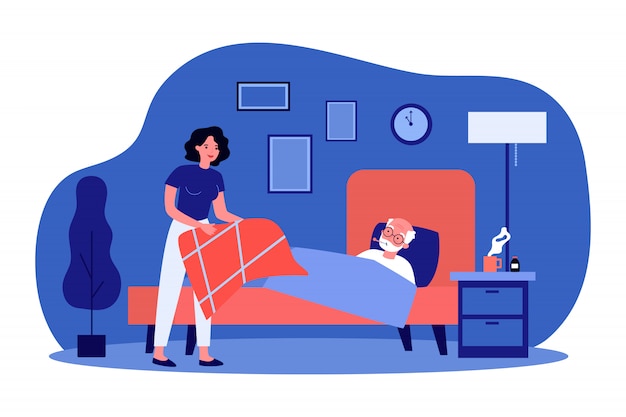 Premium Vector | Daughter taking care about sick elderly father