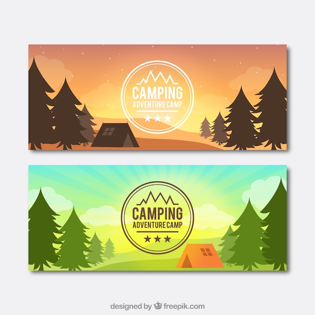 Day and sunset landscape with a camping tent
banners