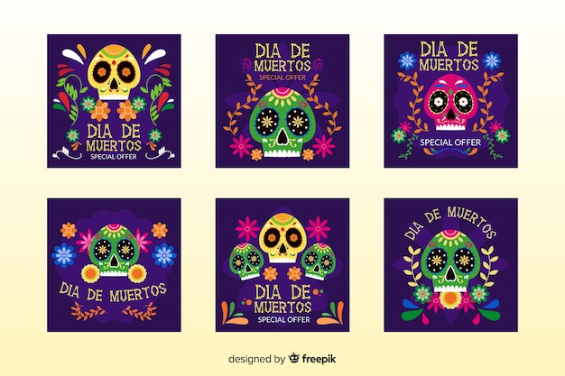 Day of the dead instagram post collection Free Vector