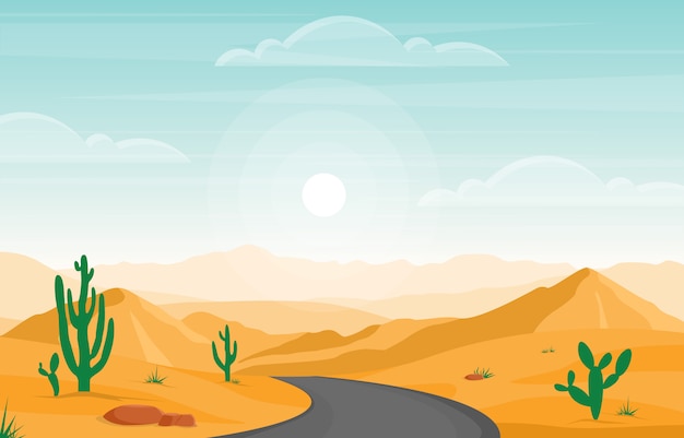 プレミアムベクター サボテン地平線の風景イラストと広大な砂漠の岩の丘山の日