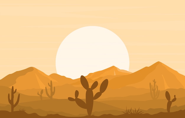 サボテン地平線の風景イラストと広大な砂漠の岩の丘山の日 プレミアムベクター