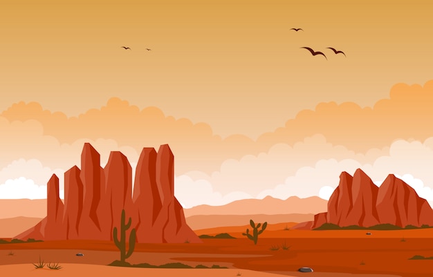 プレミアムベクター サボテン地平線の風景イラストと広大な西アメリカ砂漠の日