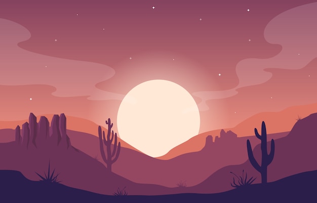 サボテン地平線の風景イラストと広大な西アメリカ砂漠の日 プレミアムベクター