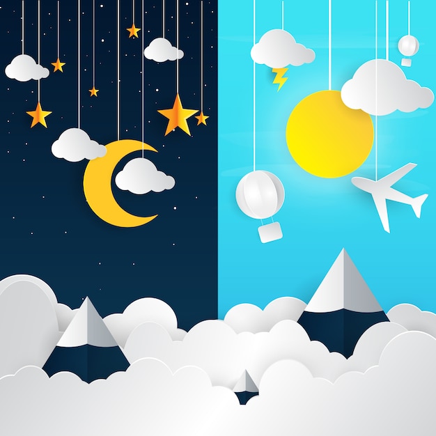 Premium Vector | Day and night landscape with paper art style.