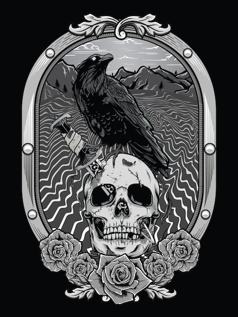 Premium Vector | Dead skull with crow and heraldic frame