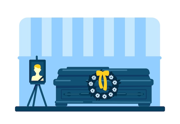 死んだ若い男の棺と写真フラットカラー 葬儀 儀式サービス 故人の男性の写真と背景に花の花輪とホームルーム2d漫画のインテリア プレミアムベクター